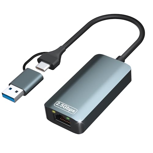 2.5gb USB Ethernet Adapter, Type-C to RJ45 Network Internet 2.5Gbps with USB-A 3.0 Port Aluminum Portable Gigabit Wired Internet for MacBook, iPad, iPhone 15/16 Pro Max, Windows/MacOS