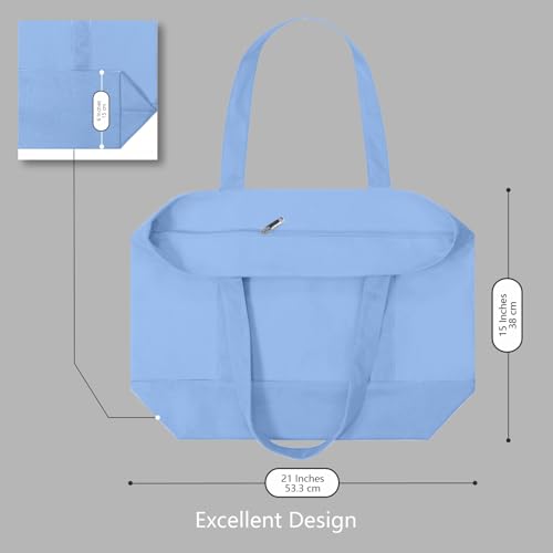 TOPDesign 1-Pack Canvas Tote Bag with an External Pocket, Reusable Grocery Shopping Bag, Top Zipper Closure, Daily Essentials (Light Blue) - color: Light Blue