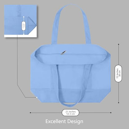 TOPDesign 1-Pack Canvas Tote Bag with an External Pocket, Reusable Grocery Shopping Bag, Top Zipper Closure, Daily Essentials (Light Blue) - color: Light Blue