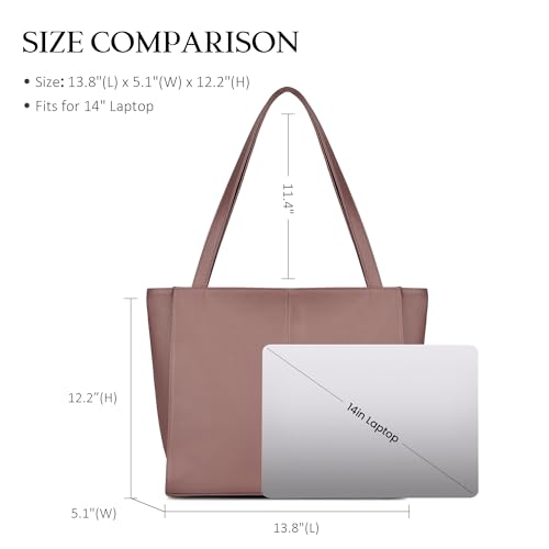 befen Genuine Leather Tote Bag for Women Work Travel Leather Purse Handbags | Real Leather, Padded 14" Laptop Compartment, Multi-Pockets, Zipper, Tote Bag for Daily - color: Pink