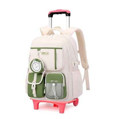 Mfikaryi Kids Rolling Backpack for Girls Boys, Wheeled School Bag Bookbag Kids Backpack with 2 Wheels - color: Two Wheels-green, style: Two Wheels