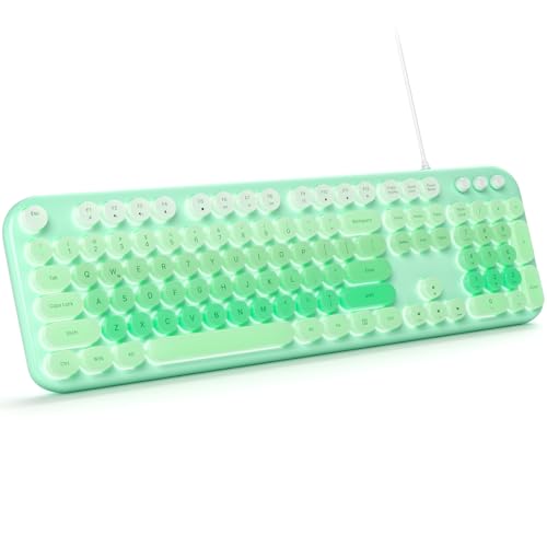 MOWUX Computer Keyboard Wired, Plug and Play USB Retro Round Typewriter Keyboard, Full Size Wired Keyboard with Foldable Stands for Laptop and Office PC- LED Backlit Green - color: LED Backlit Green