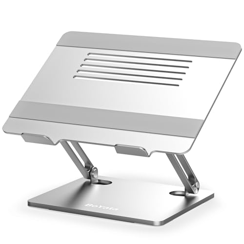 BoYata Laptop Stand, Adjustable Aluminum Riser for 15-Inch Laptops, Silver | Slide-proof silicone pads and protective hooks provide stable support for MacBook, notebooks and laptops up to 15 inches - color: Silver-2