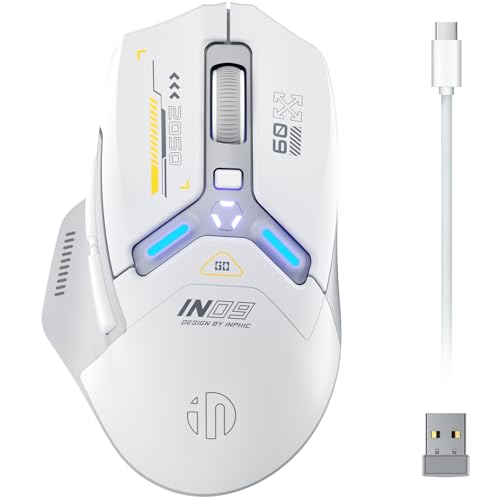 INPHIC IN9 Wireless Gaming Mouse, Real Tri-Mode 2.4G Wireless/Type-C Wired/Bluetooth Mouse, 10k DPl, Fully Programmable, RGB Lighting, Hyperspeed Rechargeable Wireless Mouse for Laptop PC Computer Mac - color: Gray