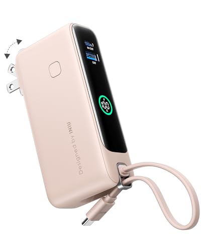 INIU 3-in-1 Portable Charger, Small 10000mah 30W Fast Charging Power Bank with Built-in USB C Cable and Foldable AC Plug, Flight Cruise Ship Travel Phone Charger for College Students Boys Girls, Pink - color: Pink