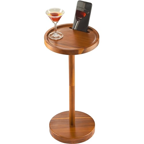 BLUEWEST 22 Inch Tall Drink Table with Phone Slot and Weighted Base, Acacia | Compact, Durable Pedestal Table for Living Rooms, Bedrooms or Offices, Designed for Cocktails, Martinis and Everyday Drinks. - color: Acacia
