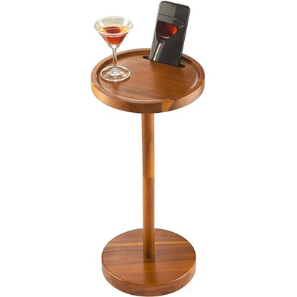BLUEWEST 22 Inch Tall Drink Table with Phone Slot and Weighted Base, Acacia | Compact, Durable Pedestal Table for Living Rooms, Bedrooms or Offices, Designed for Cocktails, Martinis and Everyday Drinks. - color: Acacia