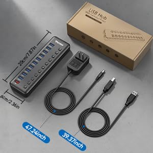Powered USB Hub, Wenter 11-Port USB Splitter Hub (10 Faster Data Transfer Ports+ 1 Smart Charging Port) with Individual LED On/Off Switches, USB Hub 3.0 Powered with Power Adapter for Mac, PC - size: Plastic 10+1 Powered USB Hub