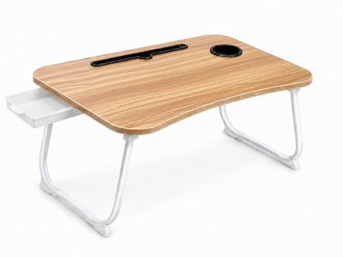 Multi-Feature Lap Desk with Cup Holder Tablet Slot and Storage Drawer - Portable Foldable Laptop Table for Bed Sofa and Floor - Metal Folding Legs 4 Colors - color: Brown