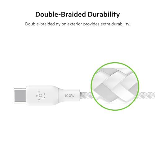 Belkin USB C to USB C 100W Braided Cable 6.6ft Fast iPhone Charger Cord | 100W USB-C Power Delivery, iPhone 17/16, Samsung Galaxy S25, Pixel 10, AirPods, iPad Pro, MacBook, Nintendo Switch 2, travel - color: White, style: 6.6 ft