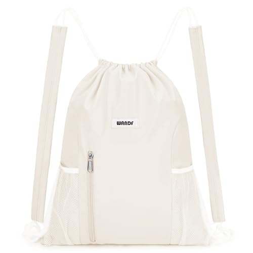 WANDF Drawstring Backpack, Gym String Bag with Shoulder Pad | Water-Resistant, Sports, Travel, Beach, Daily Carry, for Men Women - color: M, Beige, size: Medium