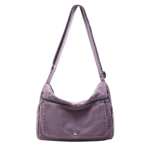 PRAGARI Canvas Messenger Bag for Women Hobo Crossbody Shoulder Bag Vintage Satchel Tote Handbag with Multiple Pockets - color: Purple