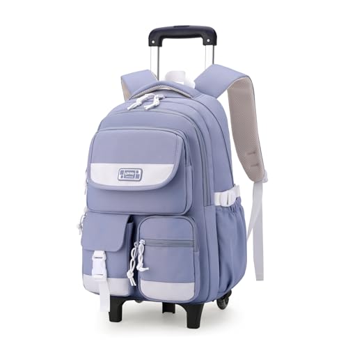 Solid Color Rolling Backpack for Girls Boys Cute Elementary school bag with wheels,Blue Trolley Bags for Travel - color: B-blue-2 Wheels, size: 2 Wheels