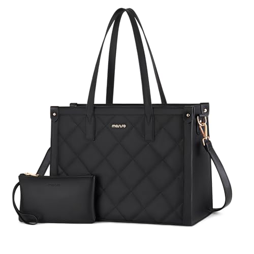 MOSISO Laptop Tote Bag for Women, 15.6 inch PU Leather Work Bag | Rhombus Quilted Tote Bag with Cup Holder & Clutch Purse, Large Capacity Teacher Computer Briefcase for Business Office, Black
