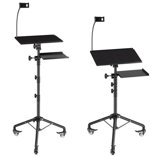 Projector Stand Tripod Laptop Tripod on Wheels with 2 Shelves | 26 to 49 Inch Adjustable Height, Portable Podium Stand with Gooseneck Phone Holder for Office, School, Home, DJ Racks