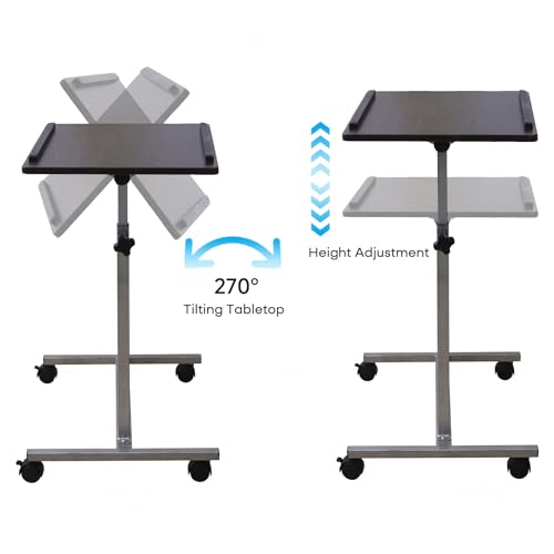 Overbed Bedside Table with Wheels, Rolling Desk Adjustable Height | Height 24-38" Rolling Bedside Table for Bed Sofa Hospital Home Office, Anti-Slip Edge, Lockable Casters, Dark Walnut