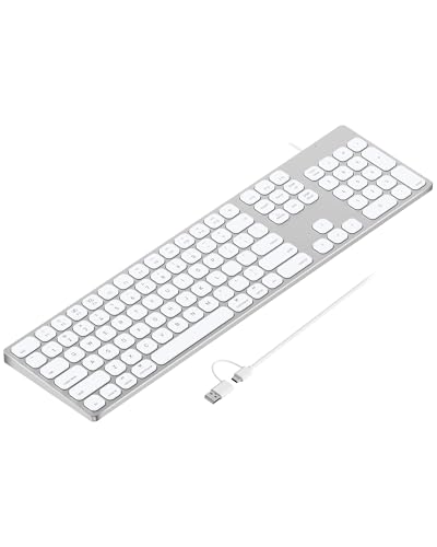 9H Aluminum USB Wired Keyboard with Numeric Keypad for Mac & PC | Compatible with Mac Pro, Mini, iMac, MacBook Pro/Air, Laptops and PC Computers - color: Silver