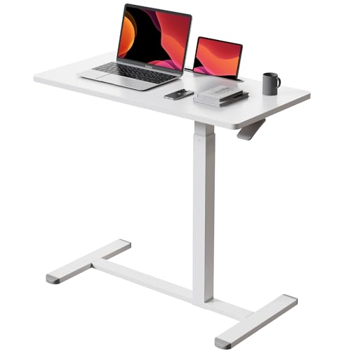 Gibbon Mounts 32” Rolling Mobile Standing Desk, Bedside Table with Wheels | Portable Laptop Desk with Slot, Hidden Wheels, Small Overbed Pneumatic Height Adjustable Cart for Bed, Couch, Hospital, White - color: White, size: 32"