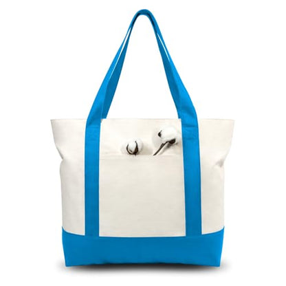 TOPDesign 1-Pack Canvas Tote Bag with an External Pocket, Reusable Grocery Shopping Bag, Top Zipper Closure, Daily Essentials (Ocean Blue/Natural) - color: Ocean Blue/Natural