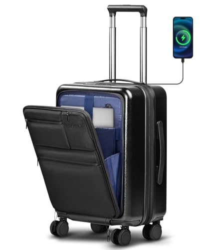 Carry On Luggage 20x14x9 Airline Approved, 20 Inch Spinner Suitcase with Front Laptop Pocket, USB A & C Ports, TSA Lock, Expandable Hardshell Carry-on Bag with Wheels, Hybrid Front Access - color: Black, size: 20 inch
