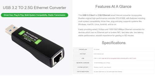 USB to 2.5G Ethernet Port Converter, High-Speed Networking, Driver-Free, Supports Windows/MacOS/Linux/Android Multi-System, 2.5G USB Ethernet Adapter (USB 3.2 Gen1 to 2.5G ETH)