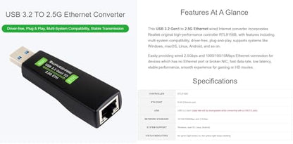 USB to 2.5G Ethernet Port Converter, High-Speed Networking, Driver-Free, Supports Windows/MacOS/Linux/Android Multi-System, 2.5G USB Ethernet Adapter (USB 3.2 Gen1 to 2.5G ETH)