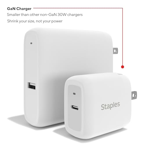 Staples TECH GaN USB-C Wall Charger with Cable, 30W, White, Fast Charging Power Adapter for Phones/Tablets - style: 30 Watt