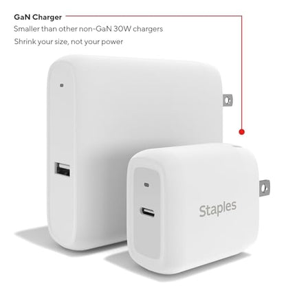 Staples TECH GaN USB-C Wall Charger with Cable, 30W, White, Fast Charging Power Adapter for Phones/Tablets - style: 30 Watt