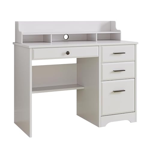 4 EVER WINNER White Desk with Drawers, Small Desk with File Drawer for Small Spaces, Writing Desk with Monitor Stand Wood Table for Study Home Office, White - color: White