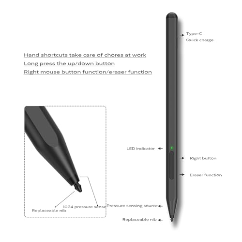 Styluses Pen Compatible for Go/Laptop/Book Featuring 1024Pressure Levels Replaceable Nibs Fast Charging Styluses - color: Black