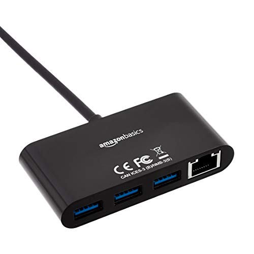 Amazon Basics 4-Port USB 3.0 Hub with 3 USB-A Ports & 1 RJ45 Gigabit Ethernet Port, High-Speed Network Adapter for Laptops, Black