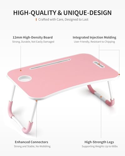 FISYOD Foldable Laptop Table, Portable Lap Desk Bed Table Tray, Laptop Stand with Cup Holder & Tablet Slot & Lifting Handle for Working Writing Drawing & Eating (Light Pink) - color: Light Pink