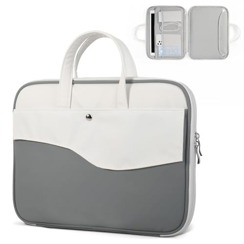DTTO 14 Inch Laptop Sleeve Case, TSA Waterproof PU Leather Computer Carrying Case Shockproof Protective Laptop Bag with Handle for 13-14" MacBook HP Dell Lenovo ASUS Acer Chromebook, Gray White - color: Gray White, size: 14 Inch