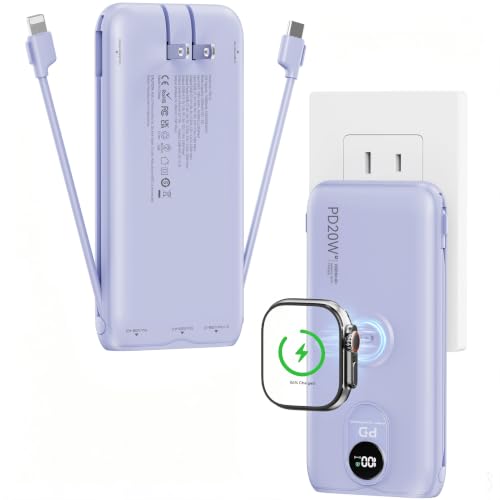 Portable Charger 10000mAh 20W, Wall Plug, 2 Cables, iWatch Charging | Digital Display, Compact Lightweight, USB C Fast Charge, USB-A 18W, Multi Protection, Travel Essential, for iPhone 17 16, Pad - color: Lilac Purple