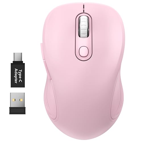 WisFox 2.4G Wireless Mouse for Laptop, Ergonomic Computer Mouse with USB Receiver and Type-C Adapter, 3 Adjustable Levels DPI, 6 Button Cordless Wireless Mice (Blush Pink) - color: Blush Pink