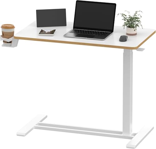 SANODESK Mobile Standing Desk with Hidden Wheels,Pneumatic Laptop Desk Rolling Computer Cart Movable Height Adjustable Small Sit Stand Desk for Home Office(31.5" W x 17.7" D, White+Maple Band) - color: White Maple, size: 32x18