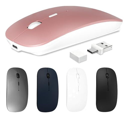 Silent Bluetooth Wireless Mouse with Jiggler, Rechargeable Portable Mouse for MacBook, iPad, Laptop & PC, Dual Mode BT5.2 and 2.4G, USB-C/USB-A Receiver, Adjustable DPI Compact Travel Mouse -Rose Gold - color: Rose Gold