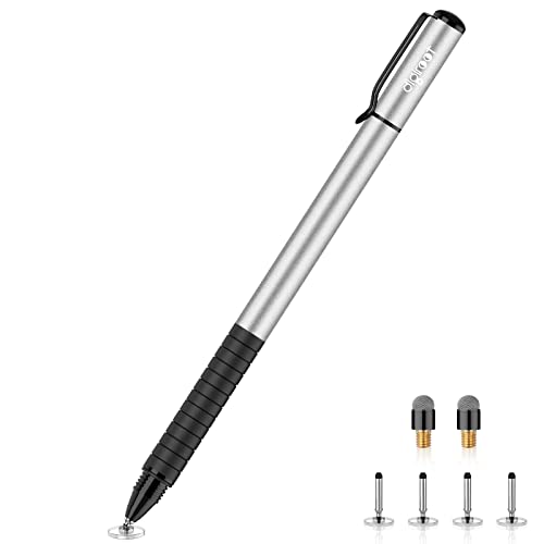 DIGIROOT Universal Stylus, 2-in-1 Disc Stylus Pen for Touchscreen | Metal Barrel, With 6 Replacement Tips(4 Discs, 2 Fiber Tips), Suitable for iPad/iPhone/Switch/Samsung/Android/Tablet-Silver - color: Silver