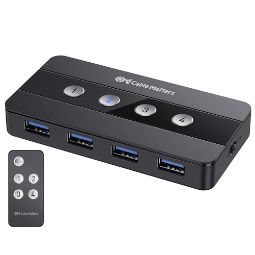 Cable Matters 4 Port USB 3.0 Switch USB Sharing Switch for 4 Computers and USBA Peripherals Including Keyboard, Mouse & Hard Drive, with a USBC Adapter for USBC USB4 and Thunderbolt 4/5