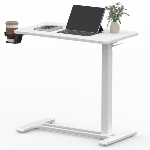 SANODESK 28''Pneumatic Adjustable Overbed Bedside Table with Hidden Casters | Medical Mobile Side End Table Laptop Computer Standing Desk Cart with Tray, Hospital and Home Use(27.6" W x 15.7" D,White) - color: White, size: Small