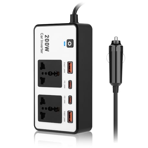 200W Car Power Inverter - Dual DC 12V to 220V AC Car Outlet Adapter to Wall Plug, 24W Fast Charging USB-C&USB-A, Portable Charger Converter for Laptops, Phones, White - color: White