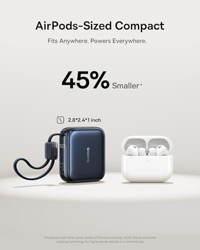 Baseus PicoGo AC22 Mini Power Bank, 10000mAh 45W PD Portable Charger Built-in USB-C Cable, Ultra Small Sized Battery Pack, Fast Charging Battery Bank for iPhone 17/16/15 Samsung S25/S24 Pixel 10 iPad - size: 10000mAh