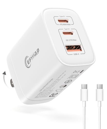 65W USB C Charger Block, 3-Port Foldable Type c Fast Charger for MacBook Air MacBook Pro 14 15 16 17, iPhone 17/16/15/14, Galaxy S25/S24/S23, iPad, AirPods & More(1Pack with Cable) - color: 1Pack With Cable