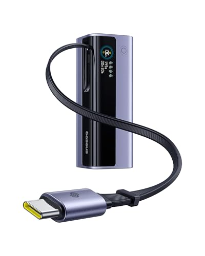 Baseus Laptop Power Bank, 20,000mAh 145W Small Portable Charger Built-in Retractable Cable, 4-Port PD Fast Charging Battery Bank with Smart Display, for iPhone/MacBook/Samsung/Dell/HP, and More