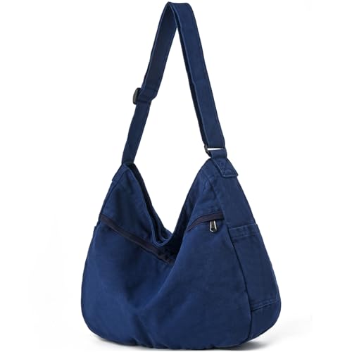 Canvas Hobo Crossbody Tote Bag for Women & Men Large Messenger Bag | Canvas Purses for Women Multi-Pocket Casual Shoulder Handbag for Travel Work Daily Shopping - color: 1-navy Blue