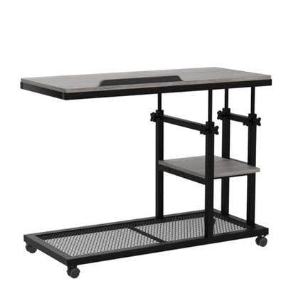 Tribesigns Height Adjustable C Table with Wheels, Mobile Couch Snack Side Table with Tiltable Drawing Board, Sofa Bedside Laptop Stand C Shaped TV Tray with Storage Shelves (Grey) - color: Grey+black