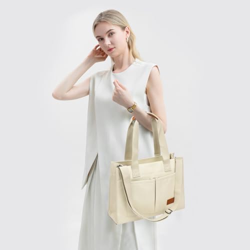 Canvas Laptop Tote Bag for Women | 15.6" Laptop Compartment - color: Ivory