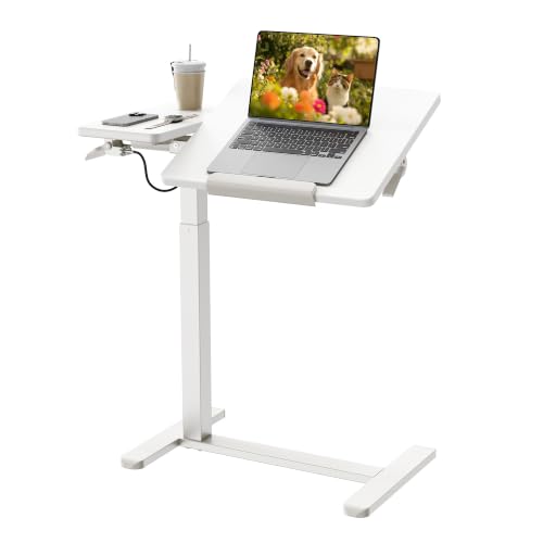 Overbed Bedside Table with Wheels, 27.9-41.3" Pneumatic Height Adjustable | 300° Tilting Desktop Fits Either Side of Bed, Rolling Standing Desk with Hidden Wheels, for Home, Hospital or Bedroom