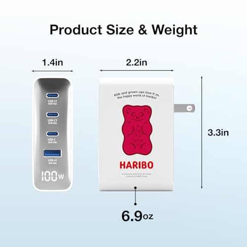 Haribo 100W GaN Wall Charger, 4-Port USB-C & USB-A Fast Charging, PD 3.0 & QC 4+ / 4.0, Compatible with iPhone, Galaxy, Pixel, iPad, Tablets, Nintendo Switch, AirPods