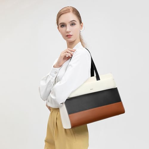 Keyli 3pcs Laptop Bag for Women 15.6 Inch Leather Work Tote Bags Professional Business Office Computer Shoulder Briefcase - color: Sets-black-white-brown